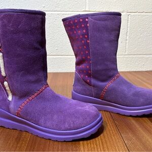 "I Love UGG" Purple Suede Boots Women’s 6 Red Hearts Teen Girls Sherpa Fur Lined